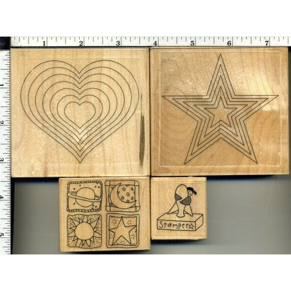 Set/4 EFFIE GLITZFINGER Heart Star Moon Wood Mount Rubber Stamps ©1994 uninked - Picture 1 of 10